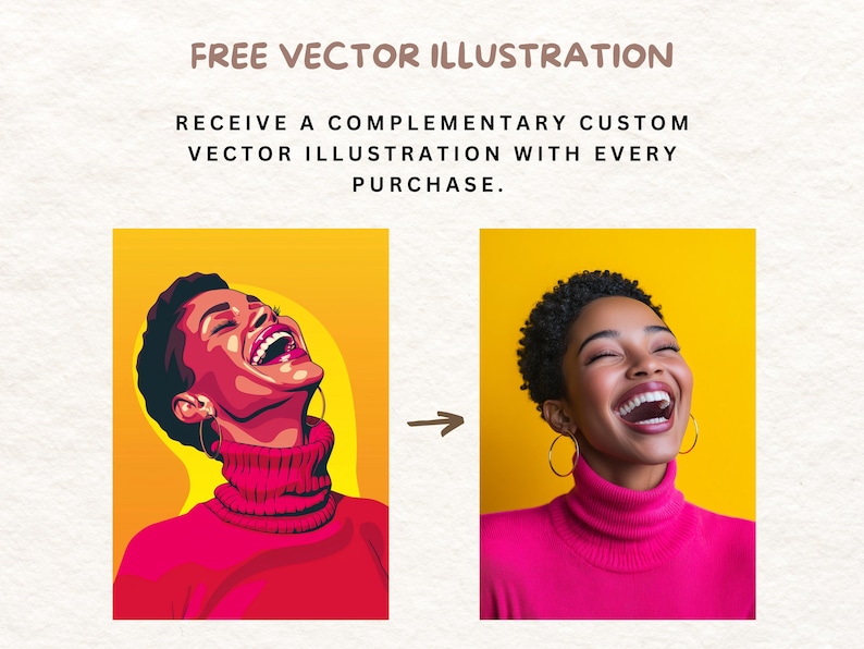 May include: A digital illustration of a person laughing with their head tilted back. The person is wearing a pink turtleneck sweater and has short, dark hair. The background is yellow.