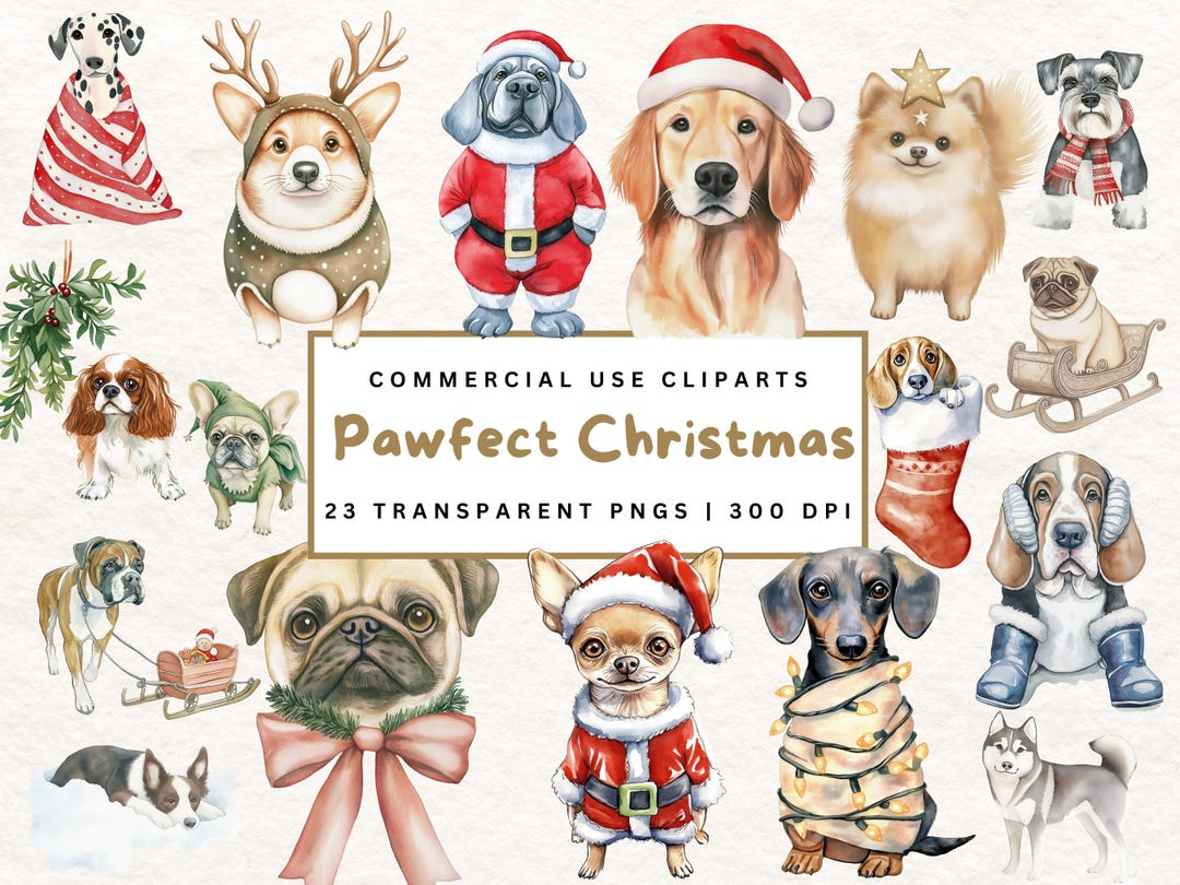 Watercolor Christmas Dogs Clipart Dog Breeds PNG Bundle Christmas Dogs ...