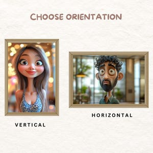 May include: Two cartoon portraits in frames, one vertical and one horizontal. The vertical portrait shows a woman with long brown hair and a blue and white patterned top. The horizontal portrait shows a man with brown hair and a beard, wearing a green shirt. The text "Choose Orientation" is above the portraits.