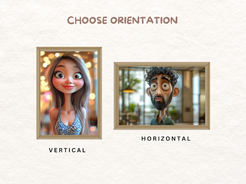 May include: Two cartoon portraits in frames, one vertical and one horizontal. The vertical portrait shows a woman with long brown hair and a blue and white patterned top. The horizontal portrait shows a man with brown hair and a beard, wearing a green shirt. The text "Choose Orientation" is above the portraits.