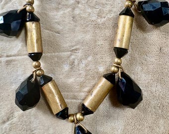 Vintage Unsigned Artisan Necklace in Brass and Black Glass
