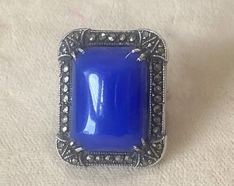 Sterling Silver Ring with a Vivid Dyed Blue Agate Framed in Marcasite...Size 3