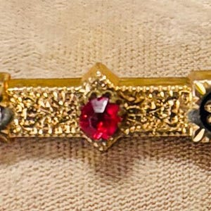 May include: A gold-toned bar pin with a central red gemstone and ornate detailing. The pin features black and gold floral accents on each end. The central section has a textured design.