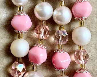 A Vintage Double Strand Necklace Made of Pink Glass Beads and Faux Pearls...from Japan