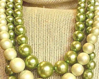A Triple Strand Vintage Necklace of 2 Shades of Green Beads with Silver Tone Findings