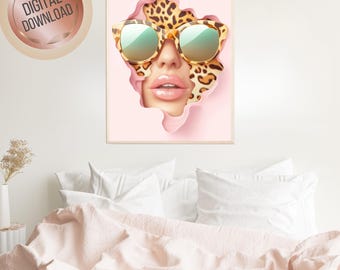 Arte mural abstracto de mujer leopardo, impresión de moda con gafas de sol rosas (descarga digital)