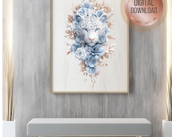 Lámina artística abstracta de leopardo azul y dorado, decoración moderna para habitación infantil (descarga digital)