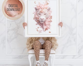 Arte mural de leopardo rosa, impresión minimalista con un toque safari (descarga digital)