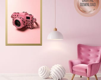 Impresión de cámara retro de leopardo rosa, arte mural de moda glamurosa (descarga digital)