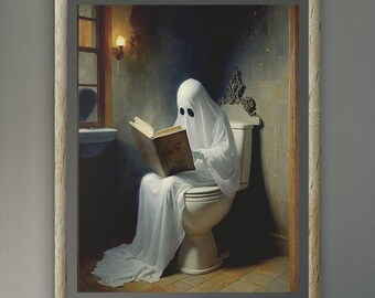Ghost on Toliet Reading Books, Art Funny Gothic Aesthetic Posters, Horror Halloween Pictures, Spooky Dark Academia Wall Decor for bathroom