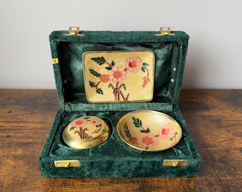 Vintage Indian Brass Vanity Set with Velvet Box, 3-Piece Cloisonné Champlevé Enamel Dressing Table Set