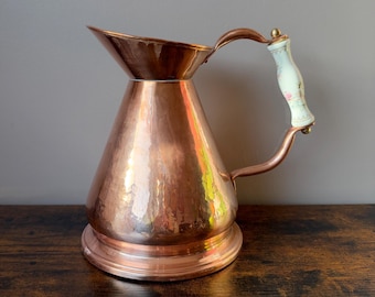 Vintage Copper Water Jug with Floral Porcelain Handle, 25.7cm Large Flared Copper Pitcher, Rustic Farmhouse Home Decor Flower Vase