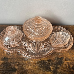 Vintage Art Deco Pink Depression Glass Vanity Dressing Table Set, 4 pieces