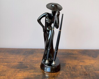 Vintage Art Deco Style Black Ceramic Lady Pen Holder | 1950s Shafford Elegant Glam Desktop Organizer Dual Pen Stand