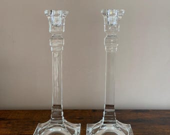 Elegant Pair of Vintage Pressed Glass Column Candlesticks