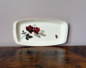 Vintage 1960’s Romanian ceramic platter by Faianta Sighisoara, mid century rectangle cake serving plate with wheat and red roses