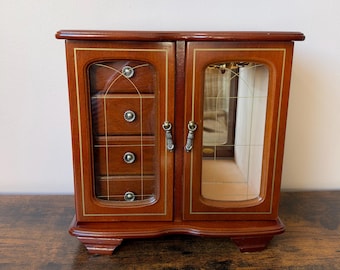 Vintage Wooden Jewellery Armoire Cabinet, 1980s Mele Style Desktop Wardrobe Box, Gold Etched Glass Doors, Necklace Hanger Carousel