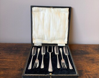 Victorian Silver Plated Cake Fork Set, Boxed 6 Pastry Forks & Server, George William Fowler Sheffield Flatware, Vintage High Tea Gift