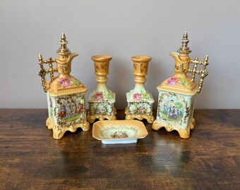 Antique Blush Ivory Porcelain Vanity Set, 5-Piece Dressing Table Ensemble (c1900)