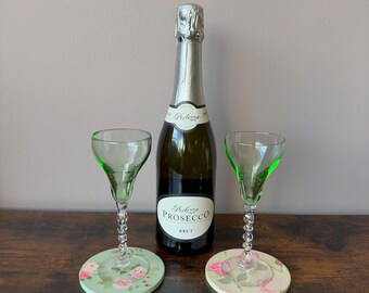 Vintage green glass sherry, cocktail glasses with hand decorated coasters