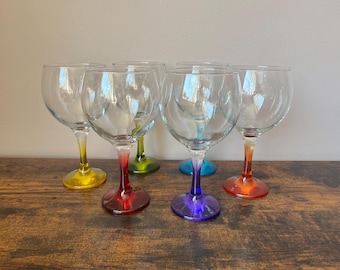 Vintage Colored Stem Balloon Wine Glasses, 500ml Cocktail Barware (Set of 6)