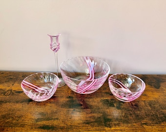 Vintage Caithness Glass Pink Flamenco Dawn Bowl Set & Candlestick, Handmade Scottish Art Glass