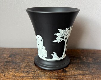 Vintage Wedgwood Black Jasperware Trumpet Vase, Neoclassical White Bas-relief Posy Vase