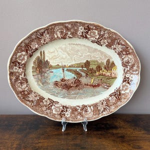 Vintage Palissy Pottery Oval Platter, Thames River Scenes, Maidenhead Bridge Brown Transferware Serving Dish