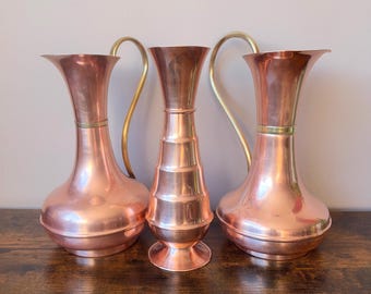 Vintage Large Copper Brass Pitchers, Mid-Century Ewers, Made in England