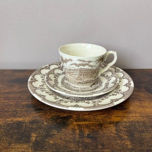 Vintage brown transferware teacup trio set, Stately homes series Hampton court palace, 1970’s Staffordshire pottery, cup, saucer, side plate