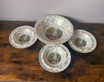 Vintage Lord Nelson Ware Gold Chintz Dessert Set, John Constable Cornfields (7-Piece)