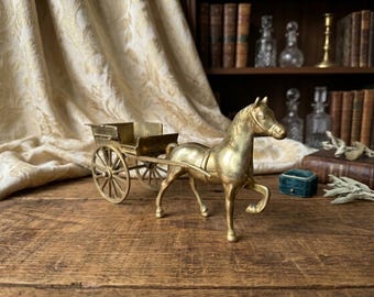 Vintage Solid Brass Horse and Cart Figurine, 1960s Trotting Horse Statue
