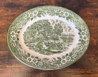 Vintage English Ironstone Serving Dish, green and white Constable Broadhurst oval platter