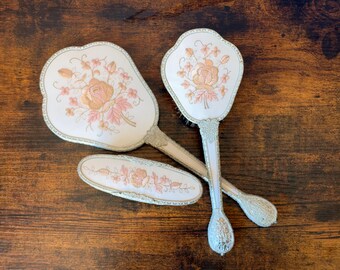 Vintage Regent of London Vanity Set, Embroidered Floral Dresser, Mirror & Brushes (1950s)