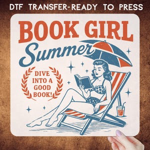 Book Girl DTF, designs rétro, prêt à imprimer, transfert à chaud personnalisé, populaire en ce moment, transfert dtf, Book Girl prêt à imprimer, chemise d&#39;été