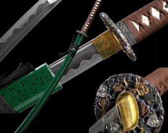 Espada samurái japonesa KATANA VERDE hecha a mano, hoja de acero 1095 templada con arcilla, espiga completa, afilada como una navaja, regalos para él, espada real, alta calidad