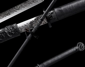Espada Ninjato Negra Hecha a Mano: Acero 1095, Hoja Templada con Arcilla