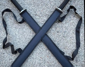 Juego de 2 espadas samuráis ninja gemelas de acero al carbono, tsuba doble con correa trasera.