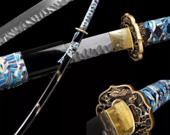 Espada samurái japonesa afilada hecha a mano de Damasco doblado con vaina azul, regalos para él, espada real, espada de alta calidad, espada afilada