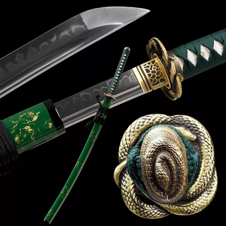 May include: A detailed image of a Japanese katana sword. The blade is silver, and the handle is wrapped in green fabric. The scabbard is green with gold accents. A smaller green sword is also present, along with a decorative snake-shaped element.