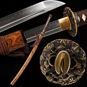 May include: A Japanese katana sword with a curved, silver blade. The handle and scabbard are wood-grained, with a brown cord wrap. The guard is ornate, featuring a dragon design. The overall aesthetic is traditional and detailed.