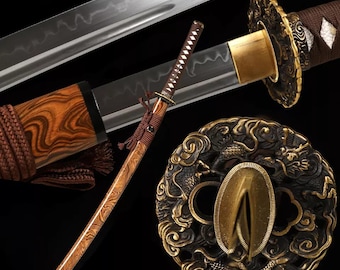 HANDMADE BROWN KATANA Japanese Samurai Sword, Clay Tempered Steel Blade, Full Tang Razor Sharp , Gifts for Him, Real Sword, High Quality