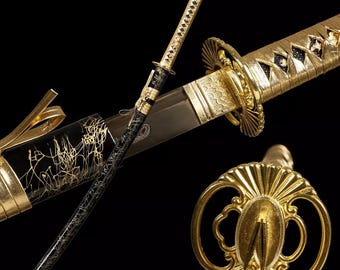 Espada samurái japonesa afilada dorada hecha a mano de acero al carbono 1095 con vaina, regalos para él, espada real, espada de alta calidad, afilada