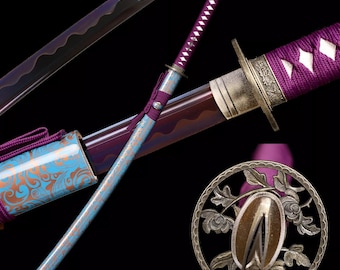 Katana morada hecha a mano: espada samurái de acero 1095, hoja templada con arcilla