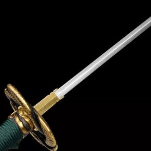 May include: A detailed view of a Japanese katana sword. The blade is silver, the hilt is gold and green, and the guard is a decorative gold design. The sword is set against a black background.