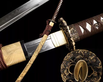 HANDMADE BROWN KATANA Japanese Samurai Sword, Clay Tempered Steel Blade, Full Tang Razor Sharp , Gifts for Him, Real Sword, High Quality