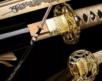 Espada samurái japonesa KATANA DORADA HECHA A MANO, acero 1095, hoja templada con arcilla, espiga completa, afilada como una navaja, regalo para él, espada real, alta calidad