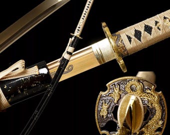 Espada samurái japonesa KATANA DORADA HECHA A MANO, hoja de acero 1095 templada con arcilla, espiga completa, afilada como una navaja, regalos para él, espada real, alta calidad