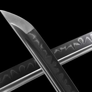 May include: Close-up of two crossed katana blades. The blades are silver with a dark, wavy pattern along the edge. The tips are sharp and angled, reflecting light against a black background.