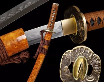 Espada Tanto japonesa afilada de 20" hecha a mano de color naranja, de acero L6, de espiga completa, templada con arcilla, regalos para él, espada real, espada de alta calidad, afilada
